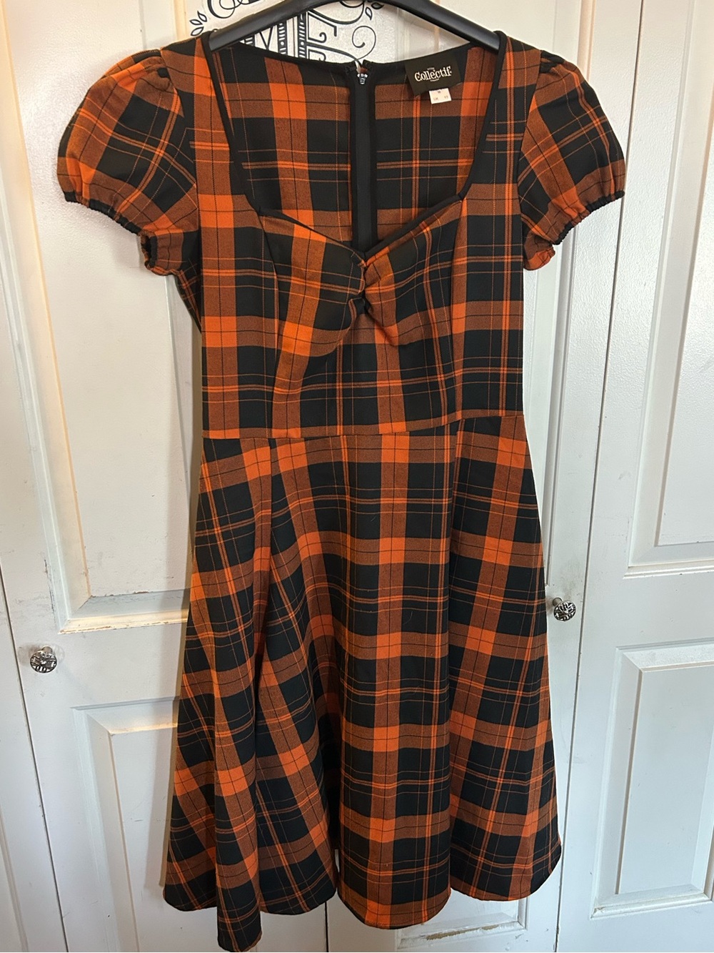 Collectif Dolores Pumpkin Check 50โs Swing Dress Sweetheart Neck Size M See Meas
